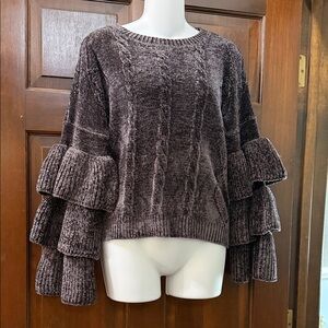 Tiered Ruffle Sleeve Chenille Sweater - Blackish Gray
